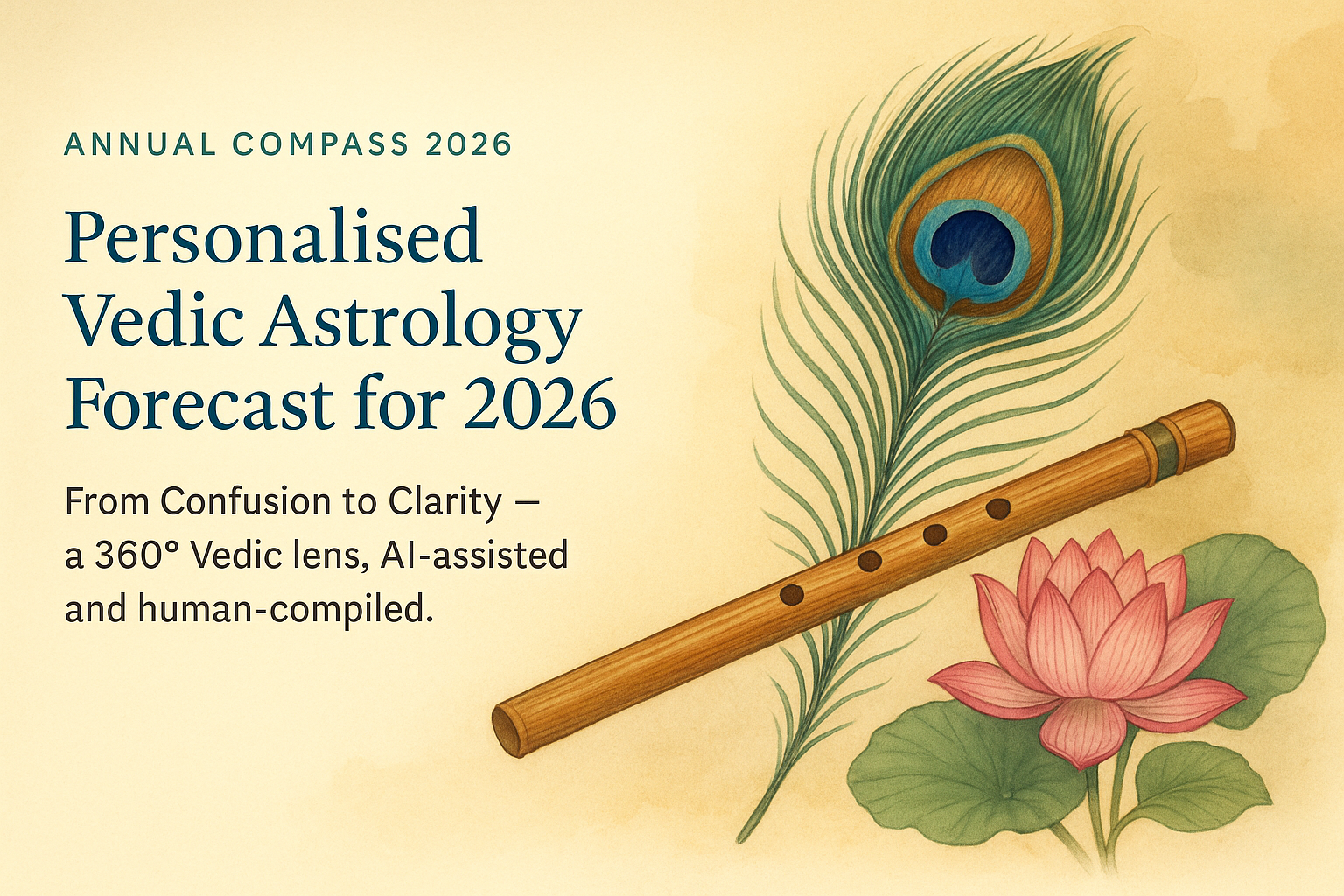 Vrindavan-inspired hand-painted peacock feather and flute motif representing Krishna aesthetics for a personalised Vedic astrology Annual Compass 2026 report.